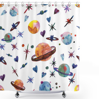 Personality  Cute Watercolor Seamless Pattern Of Planets In Space, Little Saturns, Stars And Hearts On A Neutral Pastel Beige Background, For Textiles And Paper Shower Curtains