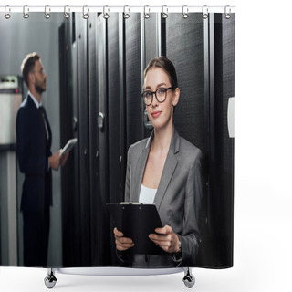 Personality  Selective Focus Of Attractive Businesswoman In Glasses Looking At Camera Near Bearded Businessman In Data Canter  Shower Curtains
