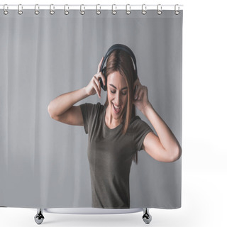 Personality  Glad Female Person With Headphones On Head Shower Curtains