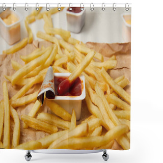 Personality  Close-up Shot Of French Fries On Crumpled Paper With Containers Of Sauces Shower Curtains
