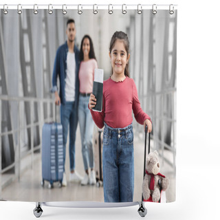 Personality  Little Arab Girl With Suitcase And Passport Posing At Airport With Parents Shower Curtains