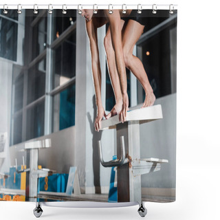 Personality  Cropped View Of Sportsman Standing In Starting Pose On Diving Block Shower Curtains