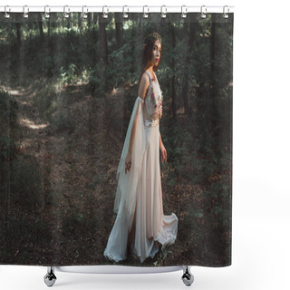 Personality  Elegant Mystic Elf In Dress With Flowers Walking In Forest Shower Curtains