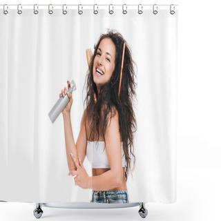 Personality  Happy Brunette Woman With Combs In Wavy Unruly Hair Holding Spray Isolated On White Shower Curtains