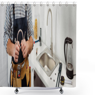 Personality  Panoramic Crop Of Plumber In Tool Belt Holding Metal Pipe In Kitchen  Shower Curtains
