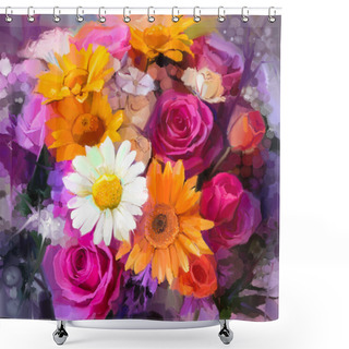 Personality  Closeup Still Life Of White, Yellow And Red Color Flowers .Oil Painting A Bouquet Of Rose,daisy And Gerbera Flowers. Hand Painted Floral Impressionist Style Shower Curtains