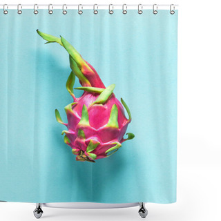 Personality  Creative Flat Layout With Fresh Organic Pink, White And Green Dragonfruit (pitaya Or Pitahaya) On Blue Mint Paper Background. Trendy Top View, Flat Lay Of The Whole Fresh Ripe Fruit Ready To Eat. Shower Curtains