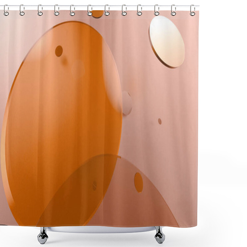 Personality  Orange Metal And Opaque Circles And Cylinders On Colored Background. Abstract Background For Graphic Design With Transparent Glass. 3d Render Illustration Shower Curtains