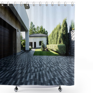 Personality  Facade Of New Contemporary House With Empty Parking, Green Lawn And Garden Shower Curtains