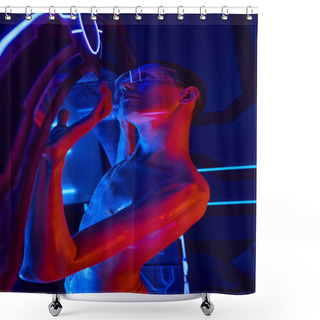 Personality  Otherworldly Creature, Unknown Alien In Goggles Appearing From High-tech Device In Science Center Shower Curtains