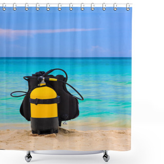 Personality  Scuba Diving Equipment On A Beach Shower Curtains