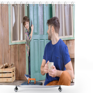 Personality  Man Holding Cup Of Tea Shower Curtains