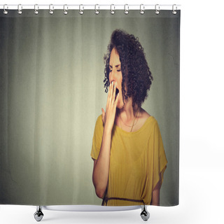Personality  Sleepy Young Woman With Wide Open Mouth Yawning Eyes Closed Looking Bored Shower Curtains