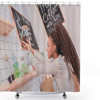 Personality  Barista Holding Jar With Coffee Beans Shower Curtains