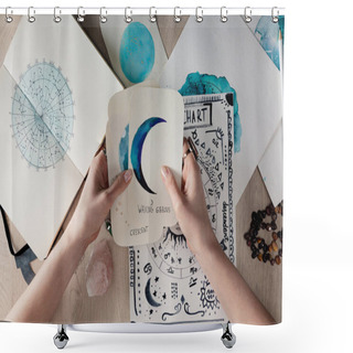 Personality  Top View Of Astrologer Holding Watercolor Paintings With Moon Phases On Cards By Birth Chart On Table Shower Curtains