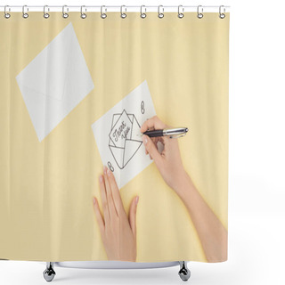 Personality  Cropped Person Writing White Card With Thank You Lettering Sticking Out Of Hand Drawn Envelope Isolated On Yellow Background Shower Curtains