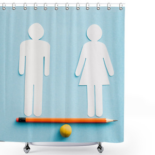 Personality  Paper Cut Figures Of Couple As Gender Equality On Pencil With Small Ball Isolated On Blue, Sexual Equality Concept  Shower Curtains