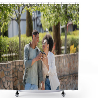 Personality  Joyful African American Couple Holding Hands And Coffee To Go While Walking On Urban Street Shower Curtains