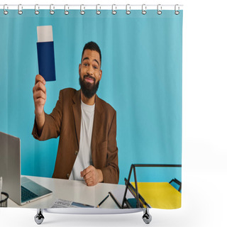 Personality  A Man Is Seated At A Desk, Holding Up A Piece Of Paper In His Hand, Seemingly Revealing His Latest Written Work, With A Look Of Pride And Accomplishment On His Face. Shower Curtains