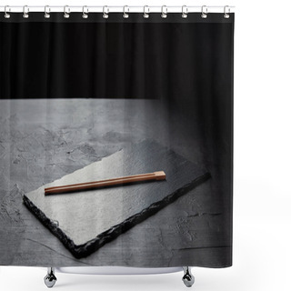 Personality  Close-up View Of Slate Board And Chopsticks On Black  Shower Curtains