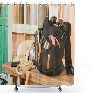 Personality   Different Trekking Equipment On Bench Shower Curtains