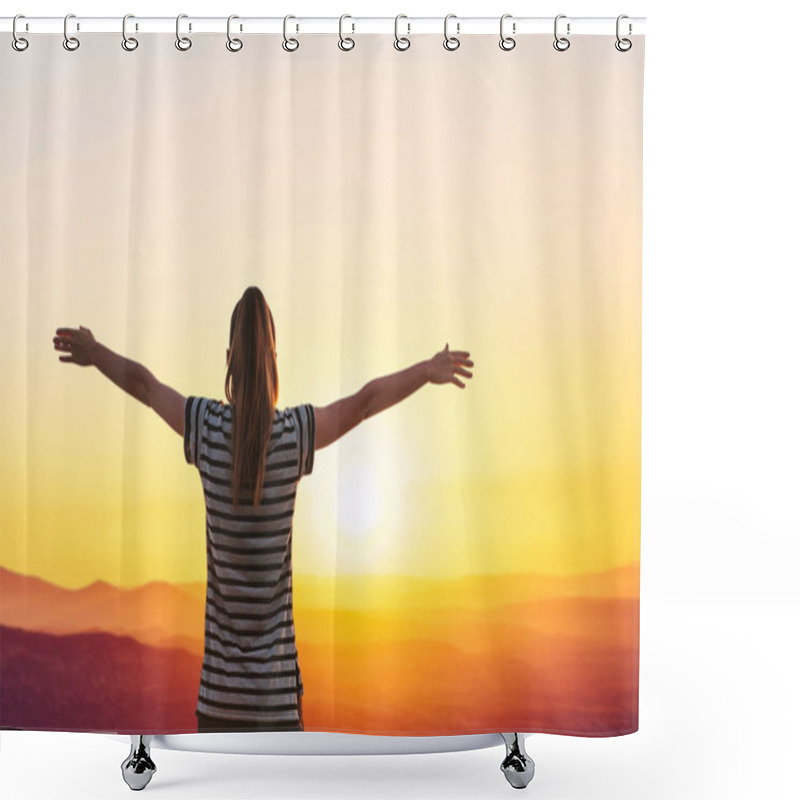 Personality  The Girl Admires A Beautiful View Of The Sunrise Or Sunset And Raises Her Hands Up Shower Curtains