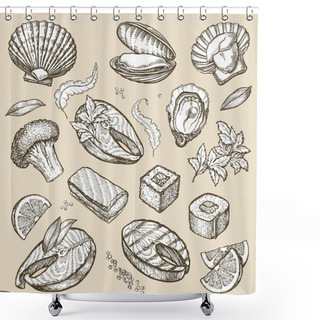 Personality  Hand Drawn Sketch Set Seafood. Vector Illustration Shower Curtains