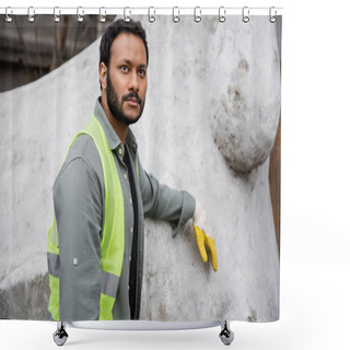 Personality  Serious Indian Worker In High Visibility Vest And Glove Standing Near Concrete Sculpture In Outdoor Waste Disposal Station, Garbage Sorting And Recycling Concept Shower Curtains
