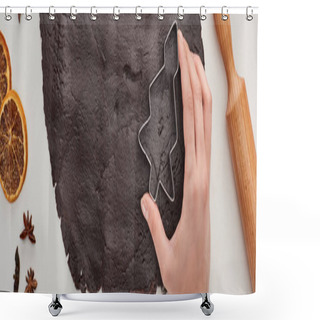Personality  Cropped View Of Woman Holding Christmas Tree Dough Mold On Raw Dough On White Background, Panoramic Shot Shower Curtains