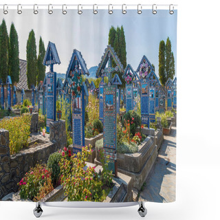 Personality  SAPANTA, MARAMURES, ROMANIA - SEPTEMBER 18, 2020: The Merry Cemetery, Famous In The World For Its Colourful Wood Tombstones, With Naive Paintings Describing The People Who Are Buried There. Shower Curtains