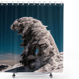 Personality  Pine Tree Covered With Snow On Mountain Against Dark Sky In Evening Shower Curtains