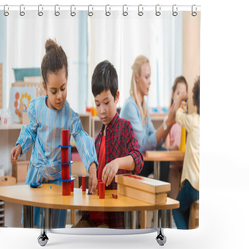 Personality  Selective Focus Of Kids Folding Educational Game With Teacher And Children At Background In Montessori School  Shower Curtains