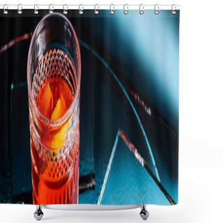 Personality  Mixed Alcohol Cocktail With Whiskey And Orange Near Mirrors On Blue, Banner Shower Curtains