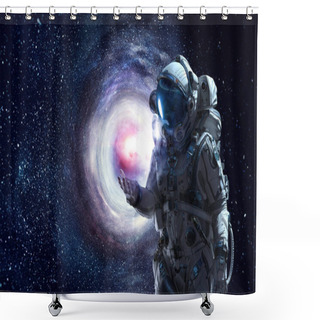 Personality  Spaceman And His Mission. Mixed Media Shower Curtains