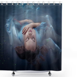 Personality  Young Beautiful Drowned Woman In Blue Dress Lying In The Water Shower Curtains