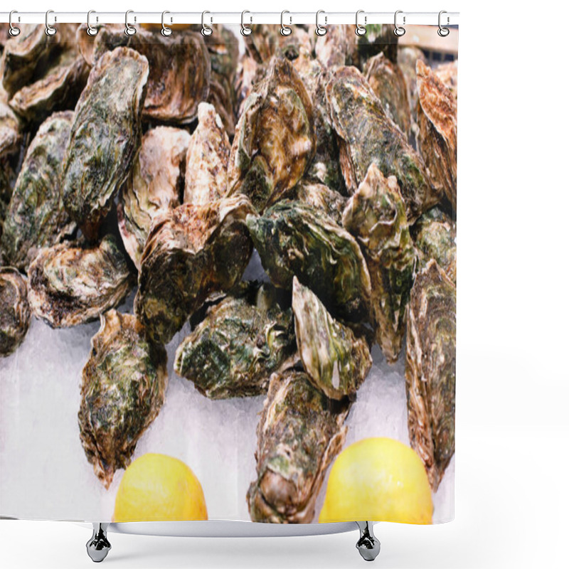 Personality  Fresh Oysters On Ice Close-up. Seafood. Shower Curtains