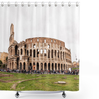 Personality  ROME, ITALY - JUNE 28, 2019: Colosseum And Crowd Of Tourists Under Grey Sky Shower Curtains