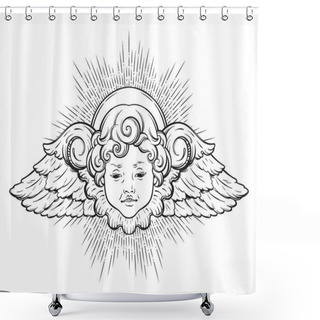 Personality  Cherub Cute Winged Curly Smiling Baby Boy Angel With Rays Of Linght Isolated Over White Background. Hand Drawn Design Vector Illustration Shower Curtains