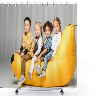 Personality  Adorable Multicultural Kids Sitting On Bin Bag Chair On Grey Shower Curtains