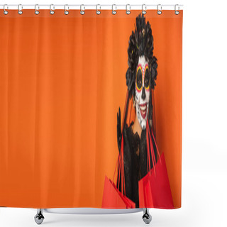 Personality  Happy Woman In Black Wreath And Scary Halloween Makeup Looking At Camera Near Shopping Bags Isolated On Orange, Banner Shower Curtains