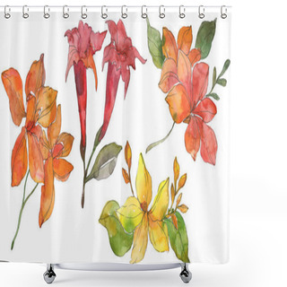 Personality  Red And Yellow Tropical Floral Botanical Flowers. Wild Spring Leaf Wildflower. Watercolor Background Illustration Set. Watercolour Drawing Fashion Aquarelle. Isolated Flower Illustration Element. Shower Curtains