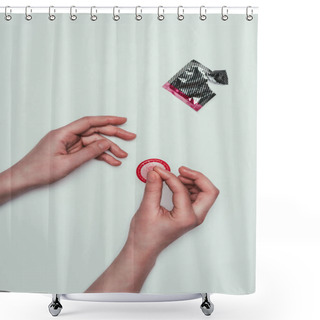 Personality  Partial View Of Woman Holding Opened Condom In Hands Isolated On Grey Shower Curtains
