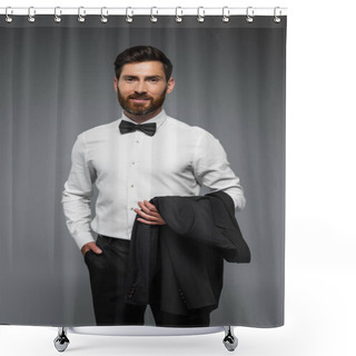 Personality  Cheerful Man In White Shirt With Bow Tie Holding Blazer And Standing With Hand In Pocket Isolated On Grey  Shower Curtains