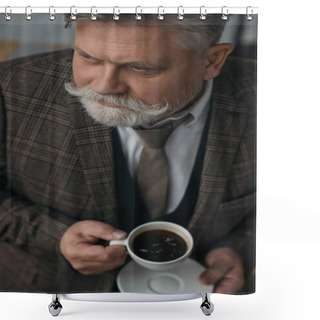 Personality  High Angle View Of Senior Man With Cup Of Coffee Shower Curtains