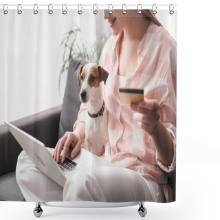 Personality  Cropped View Of Happy Woman Holding Credit Card Near Dog And Laptop While Online Shopping At Home Shower Curtains