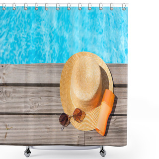 Personality  Top View Of Wicker Hat, Sunglasses And Sunscreen Near Swimming Pool   Shower Curtains
