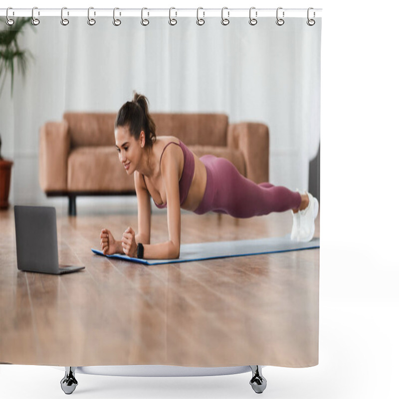 Personality  Young Cheerful Woman Doing Plank On Mat With Pc Shower Curtains