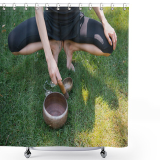 Personality  Cropped Image Of Woman Squatting And Making Sound With Tibetan Singing Bowls Shower Curtains