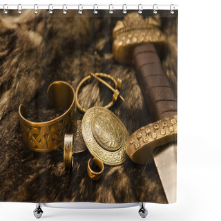 Personality  Still Life With Scandinavian Jewels And Sword On A Fur Shower Curtains