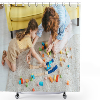 Personality  High Angle View Of Babysitter And Kid Playing With Multicolored Blocks And Toy Car On Floor Shower Curtains
